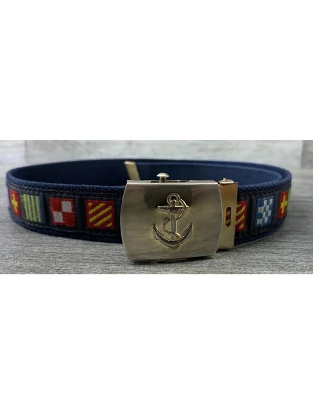 VTG Skippers Nautical Flag Canvas Webbing Belt Silver Anchor Buckle Gorpcore USA